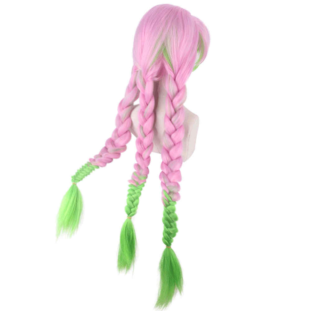 Anime Demon Slayer Kanroji Mitsuri Halloween parrucca coospaliante sintetico lungo intrecciato capelli Kimetsu no Yaiba