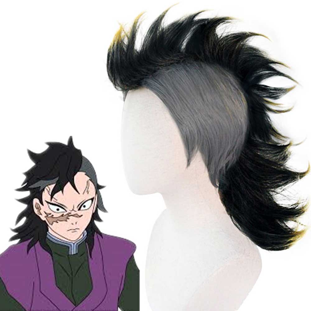 Demon Slayer Kimetsu senza Yaiba Genya Shinazugawa capelli corti nero Giallo Gradient Mohawk stile Cosplay
