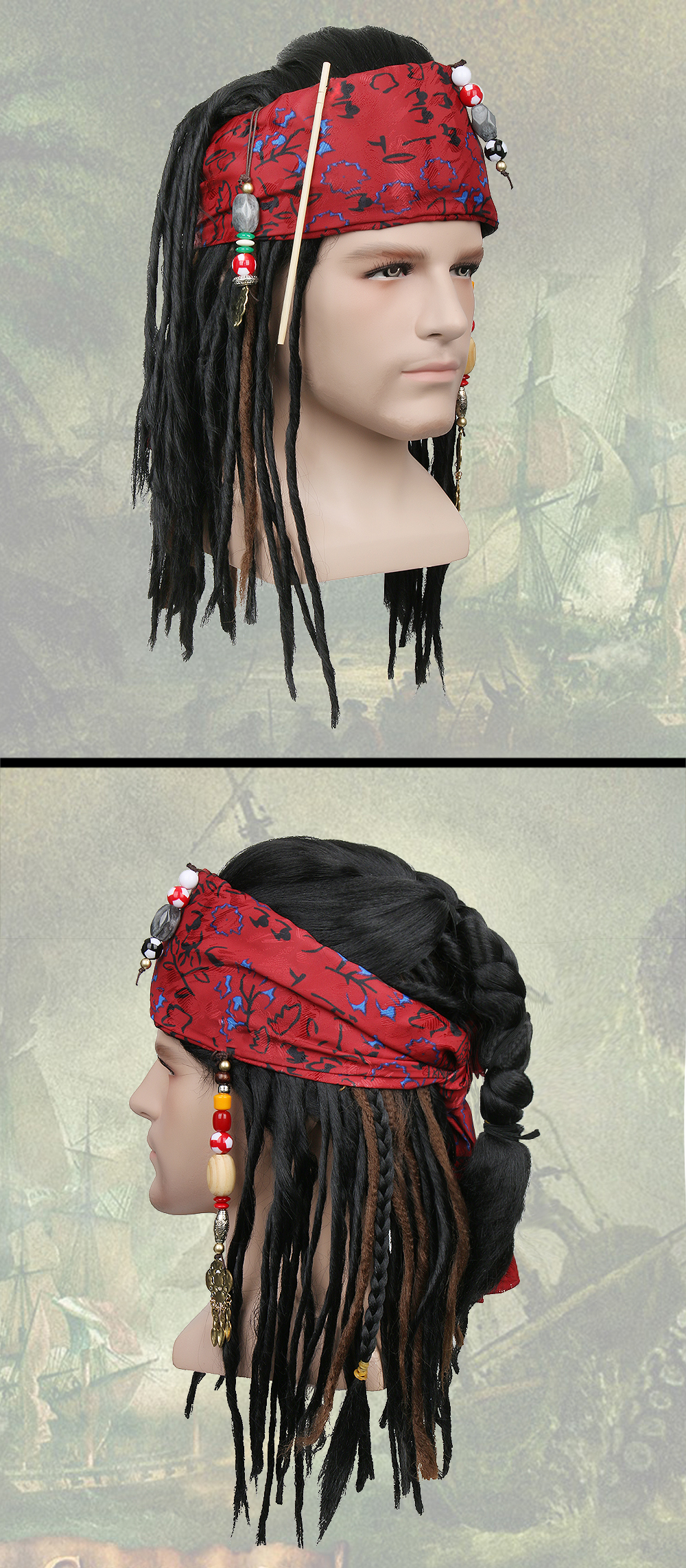 pirati del capitano dei Caraibi Capitano Jack passero Halloween Capelli sintetici della parrucca cosplay 